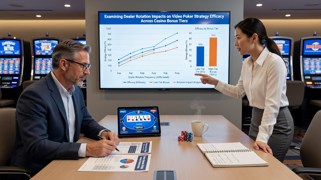 Data visualization of video poker session metrics before and after dealer changes across different bonus tiers
